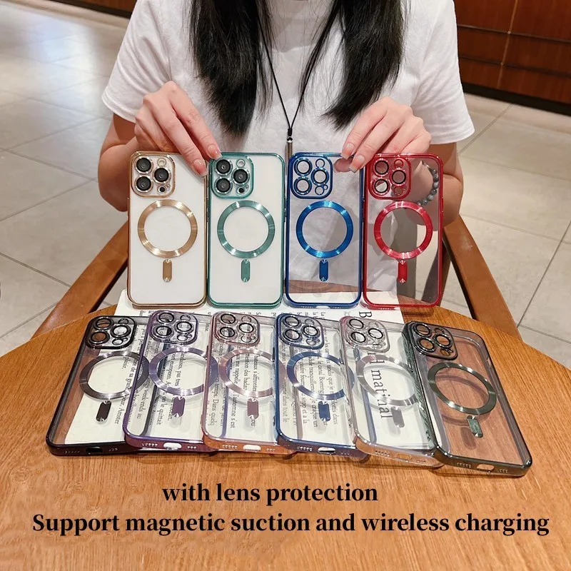 

For Magsafe Plating With Lens Film Protection TPUcase For IPhone 14 13 Pro Max 12 11 Plus Luxury Transparent Magnetic Phone Case
