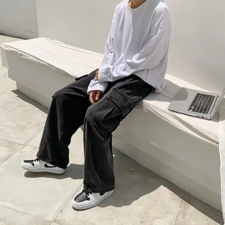 Jeans men's fall loose straight drop feeling pants cool cool retro trend wide-legged pants  men jeans