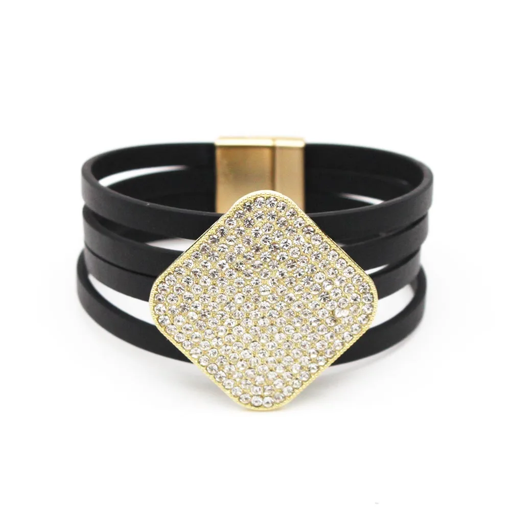 

Fashion Leather Bracelets Square Crystal Women Bracelet Cuff Multilayer Magnet Clasp Couple Friendship Party Jewelry Gift