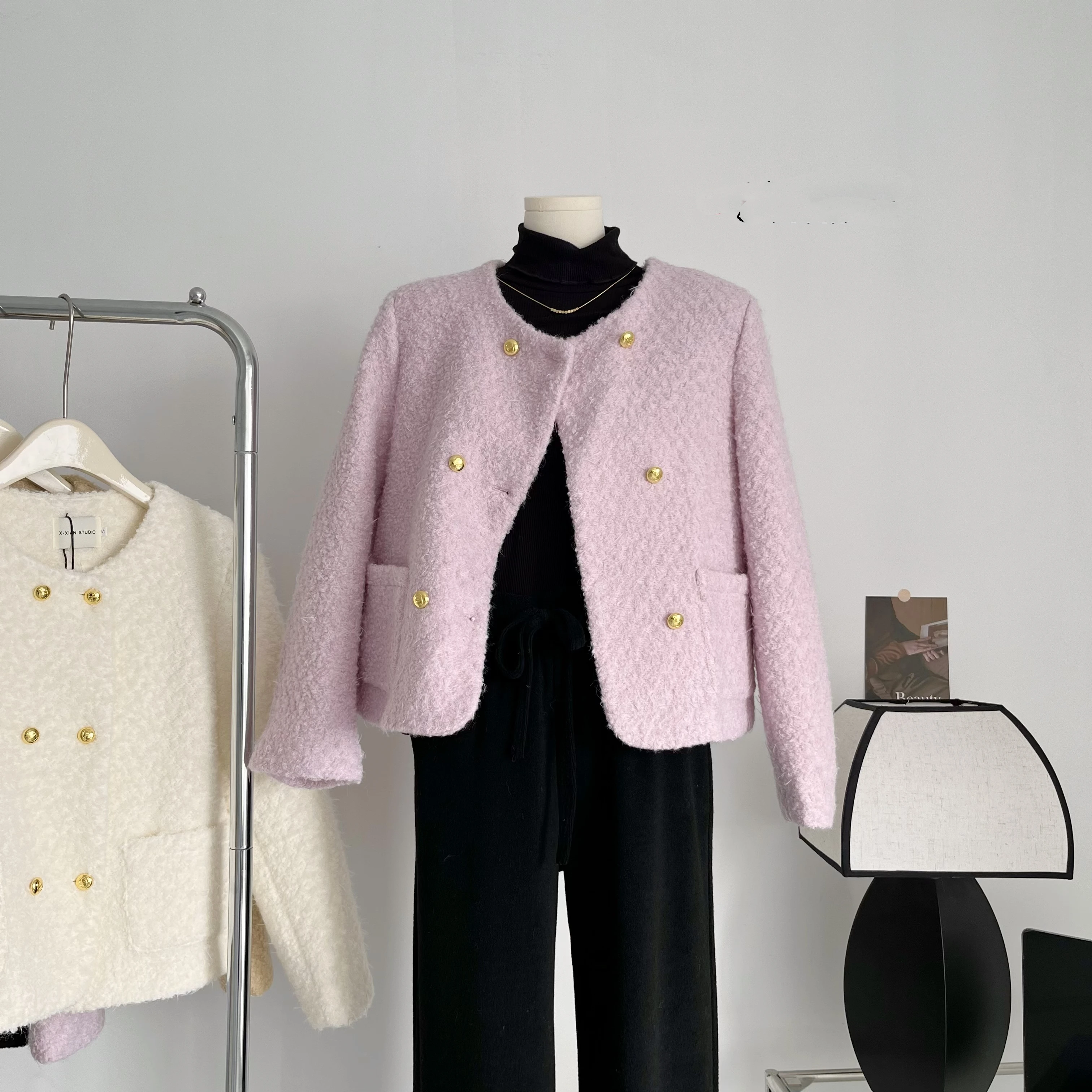 

Женская шерстяная куртка, однотонная розовая двубортная твидовая куртка в Корейском стиле, элегантная верхняя одежда для подиума, Осень-зи...