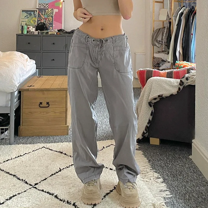 

Streetwear Women Grey Cargo Pants Low Rise Drawstring Jeans Vintage Baggy Denim Jogging Sweatpants Women Capris