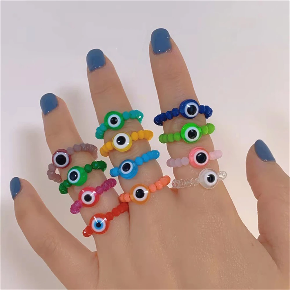 

Lucky Turkish Evil Eye Adjustable Ring For Women Vintage Blue Eye Resin Crystal Beaded Rings Handmade Jewelry Party Gift Anillos