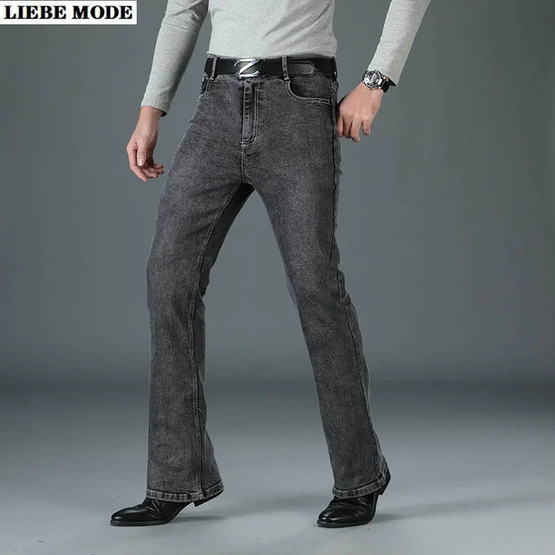 Spring Autumn Classic Men's High Waist Business Flared Jeans Grey Straight Flared Denim Trousers Male Brand Bell Bottom Pants