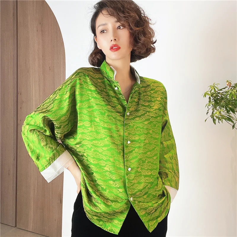 

2022 Summer Xiangyun Jacquard Silk Top Women's Organza Stand Collar Stitching Retro Single-Breasted Elegant Jacket New S-XL