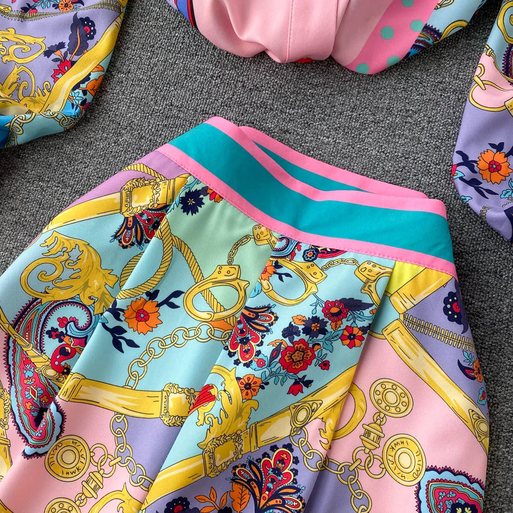 French Retro Printing Women Pajamas Set Elegant Temperament Sleepwear Loose High Waist Wide Leg Trousers Pijama 2 Pcs Home Suit