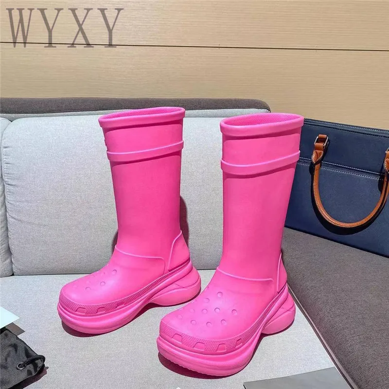 

Женские высокие сапоги до колена, из ПВХ, с круглым носком, на толстой подошве, весна-осень 2023