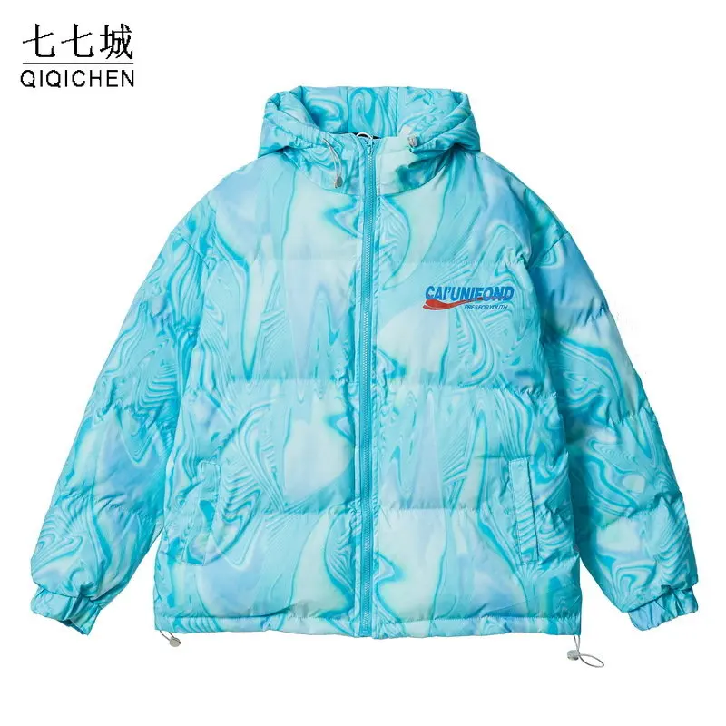 Winter Jacket Hooded Parkas Men Tie-dyed Thicken Warm Coat Harajuku Letter Print Padded Bomber Coats Street Bubble Puffer Coats