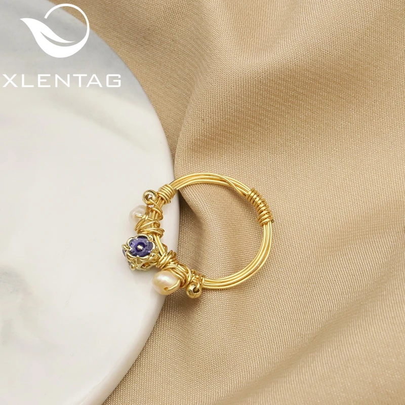 

XlentAg 18k Electroplated Gold Natural Pearls Purple Gemstones Women Rings Western Retro Fashion luxury Charm Jewelry GR0313