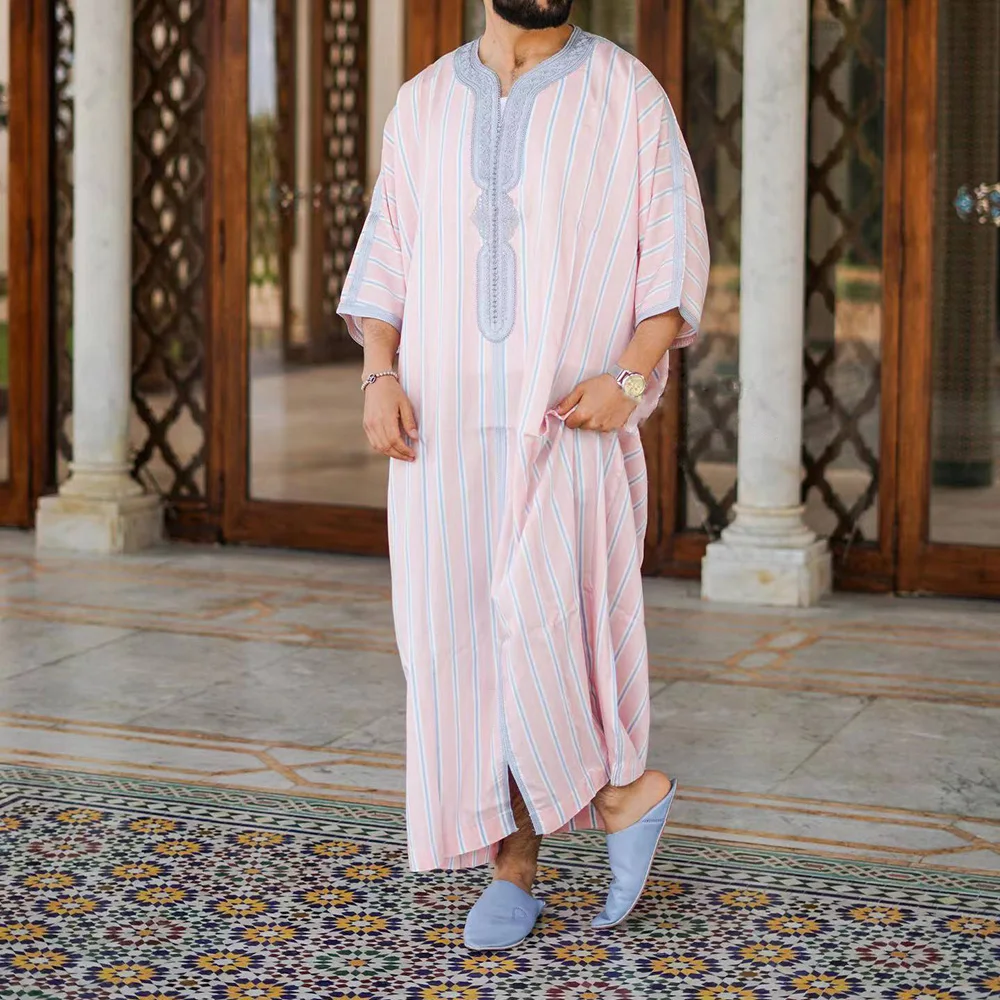 (M-4XL) Pink Blue Thobe With Bordures Galabiyya Jubbah Islamic Saudi-arabien Wear Prayer Jubbah Gift For Him Muslim Mode