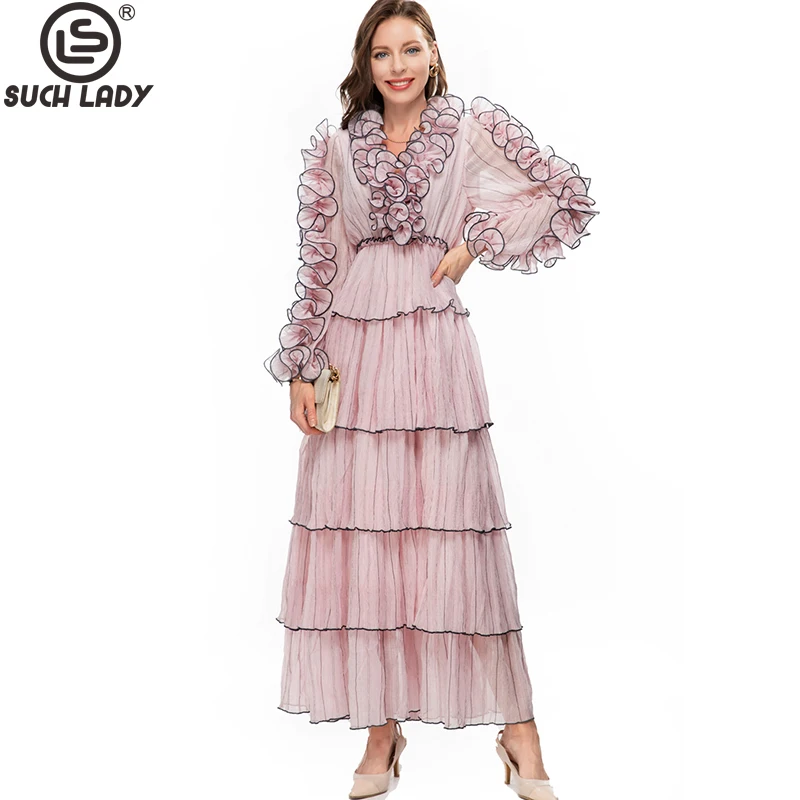 Women's Runway Dresses V Neck Long Sleeves Ruffles Tiered Piping Elegant Fashion Designer Party Prom Gown