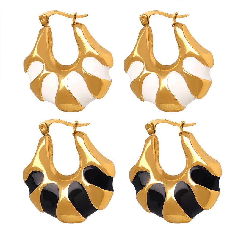

Minar Hot Sale White Balck Color Enamel Stripes Hoop Earrings Waterproof 18K Gold Plated Titanium Steel Chunky Earring for Women