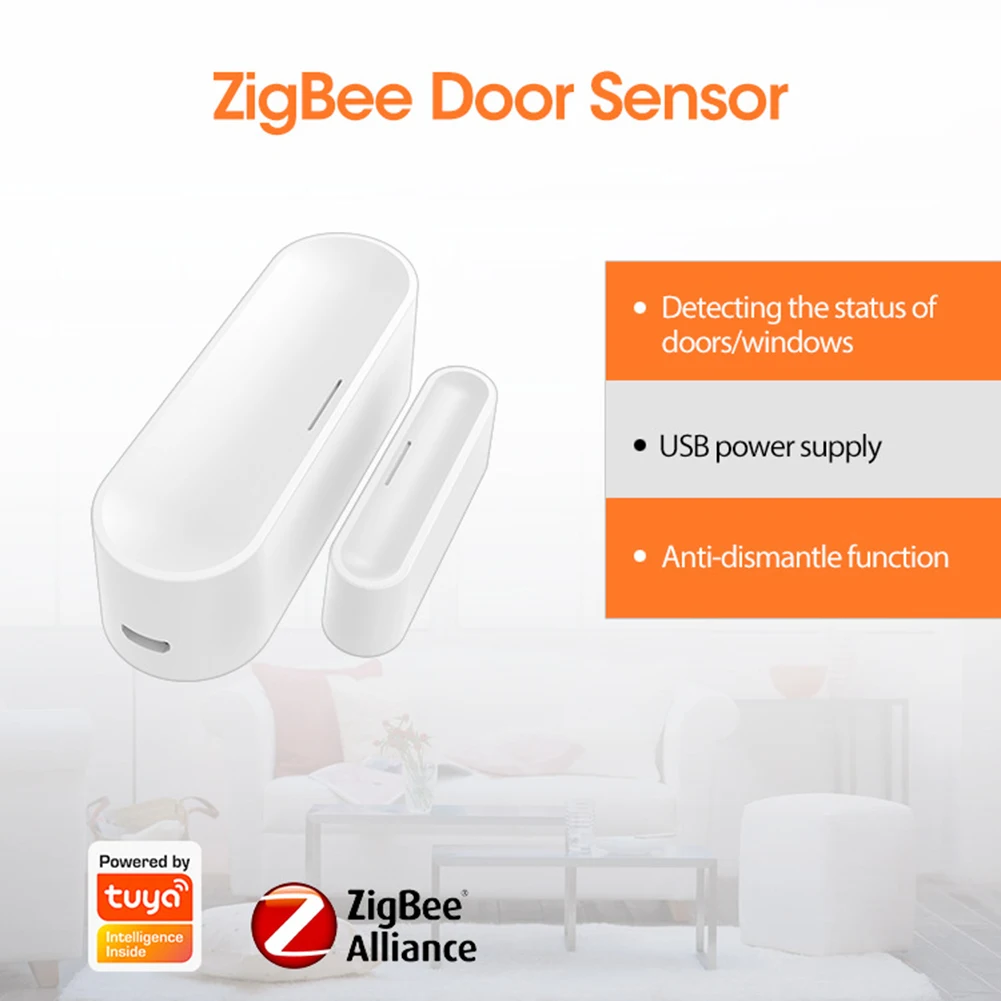 

Tuya APP Door Open/Closed Detectors USB Powered ZigBee Smart Door Sensor 2.4GHz Wireless Window Door Gate Sensor for Home Office