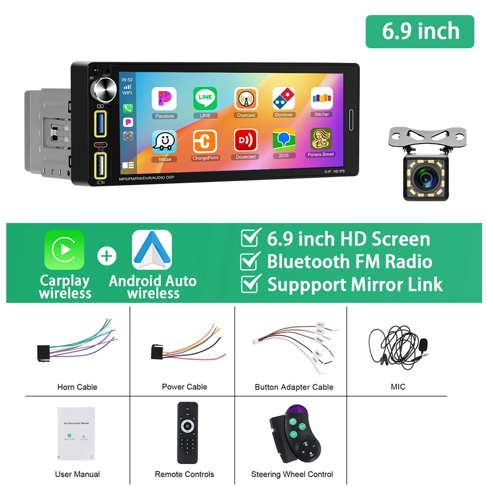 

Podofo 6,9 дюйма 1Din Автомобильная стереосистема Carplay Android Auto MP5 Player Mirror Link EQ Sound FM/RDS Bluetooth USB и порт TYPE-C Автомобильное аудио