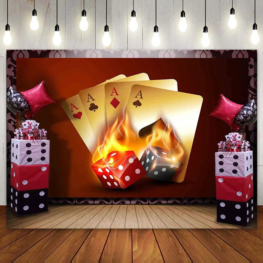 

Las Vegas Casino Backdrop Dice Flame 4A Poker Playing Cards Photography Background Themed Party Photo Booth YouTube Backdrop