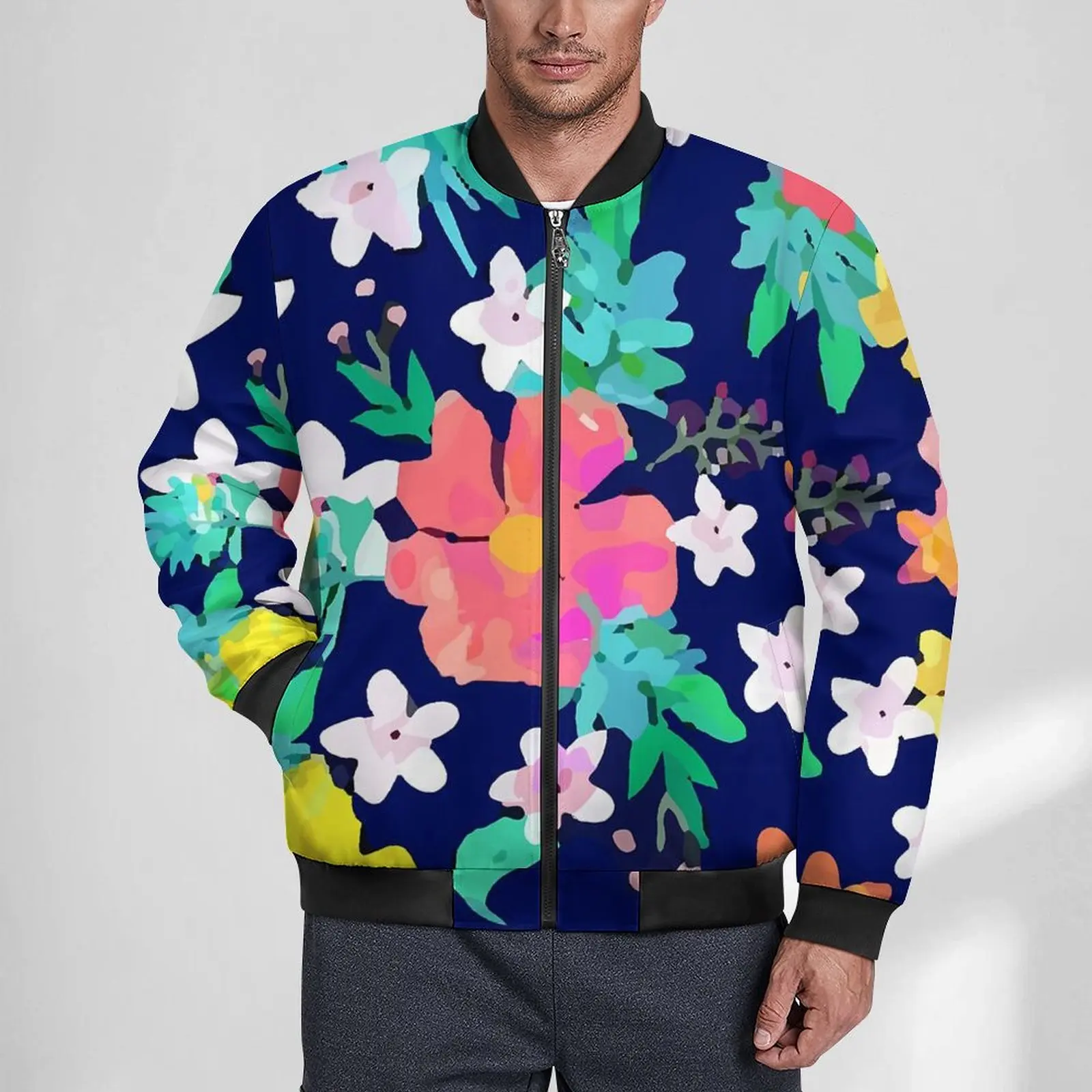 

Tropical Floral Jackets Men Colorful Print Autumn Coats Street Fashion Zipper Casual Windbreak Custom Loose Jacket Plus Size