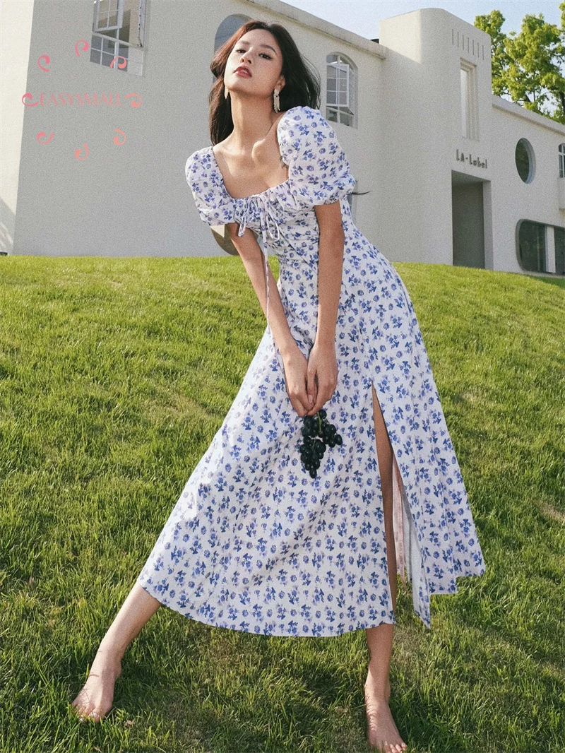 

Easysmall Pure Lust Style Retro Square Neck Bubble Sleeve Fish Bone Fairy Temperament Slim Fragmented Flower Long Dress Vacation