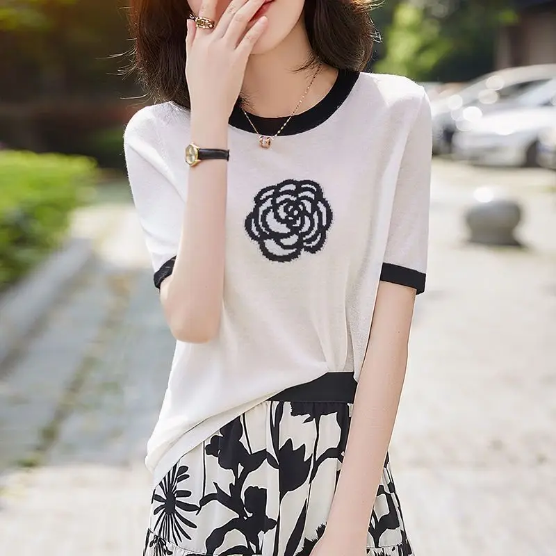 High Quality New Women Tee O Neck Short Sleeve Flower Sweater Soft Basic Pullover Solid Color Graphic T-Shirts