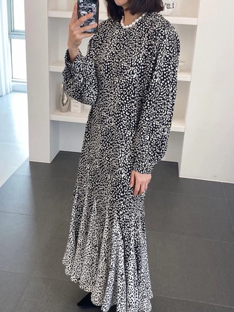 

Женское плиссированное платье с круглым вырезом, Длинное свободное винтажное платье с леопардовым принтом, модель G751 в Корейском стиле на о...