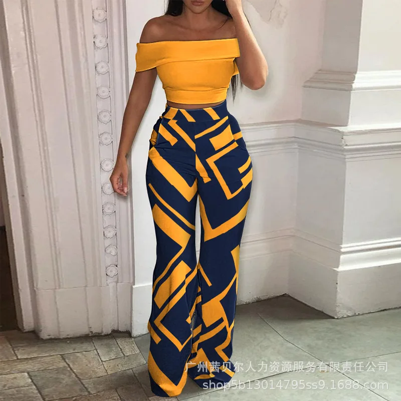 

Summer Women's Pullover Top High Elasticity Strapless Navel Print Slim Street Suit Off Shoulder Off Shoulder Top+Pants Set