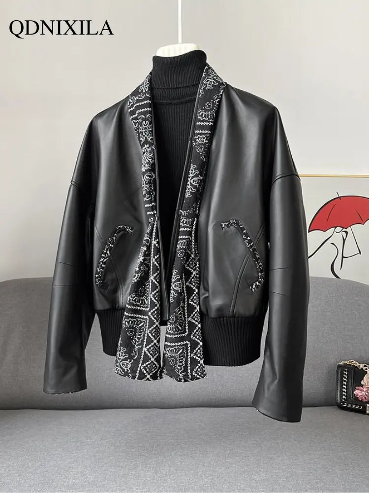 Women's Leather Jacket 2023 Women's Spring Jacket New Outerwear Short Casual Black Imitation Sheepskin Jackets Women's Coats enlarge