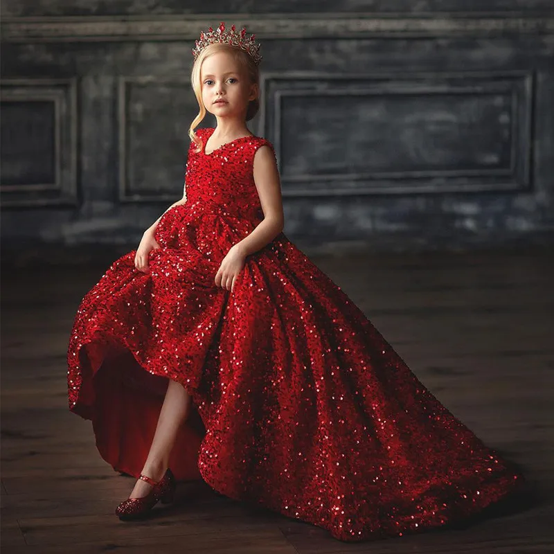 

Платье принцессы с красными блестками для особых случаев с цветами для девочек платье для выпускного вечера детское платье для первого причастия на день рождения