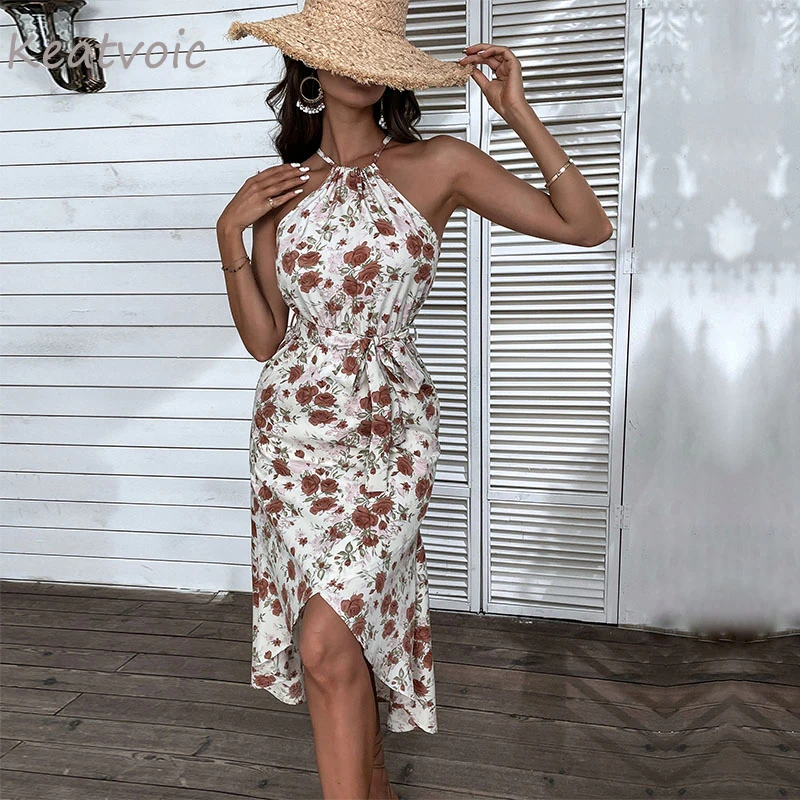 

Женское платье с цветочным принтом Keatvoic, летнее пляжное платье миди на бретелях-спагетти без рукавов с лямкой на шее