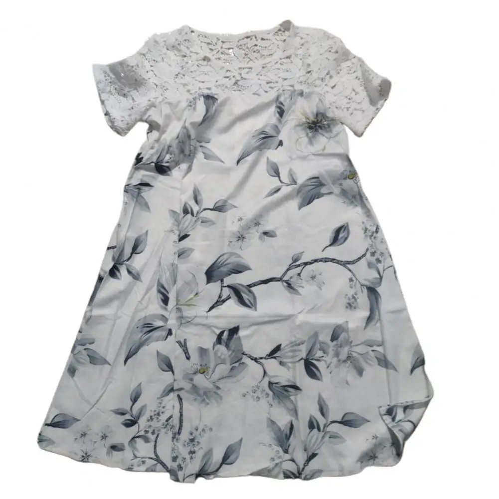 

Short Sleeve Large Hem Retro Flower Print Lace Patchwork Midi Dress Female Clothes