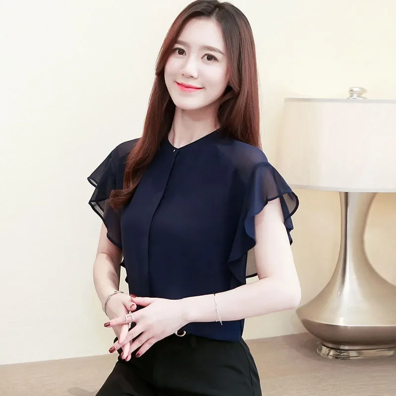 Женская шифоновая блузка с коротким рукавом и воротником-стойкой