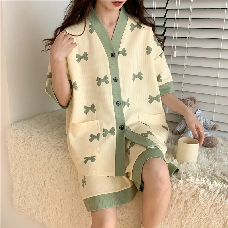 Summer thin female pajamas plus fat plus 300 catties can wear sweet loose home clothes short sleeve shorts set