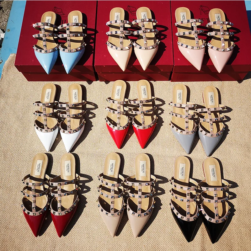 Women's Sandals Summer 2023 Luxury Brand Pointed Toe Slippers Fashion Patent Leather Their Flat Shoes Elegant Women Shoes