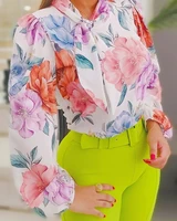 vintage flower printing elegant office lady womans blouse 2022 spring summer neckline bandage long sleeved women shirt top