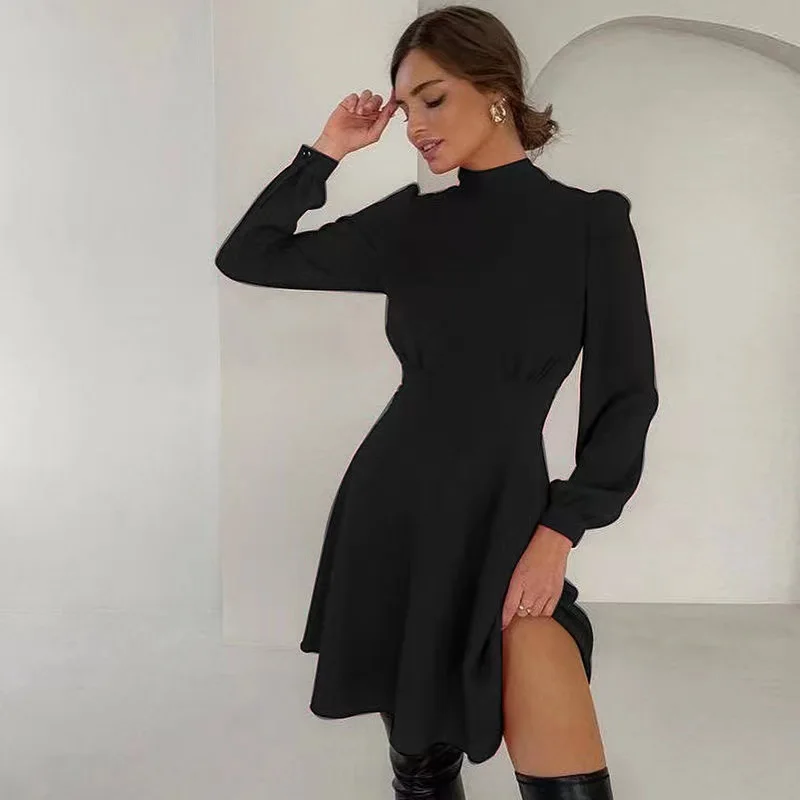 

French retro dress women's autumn and winter new INS with waist closing temperament Long Sleeve Black Skirt PD