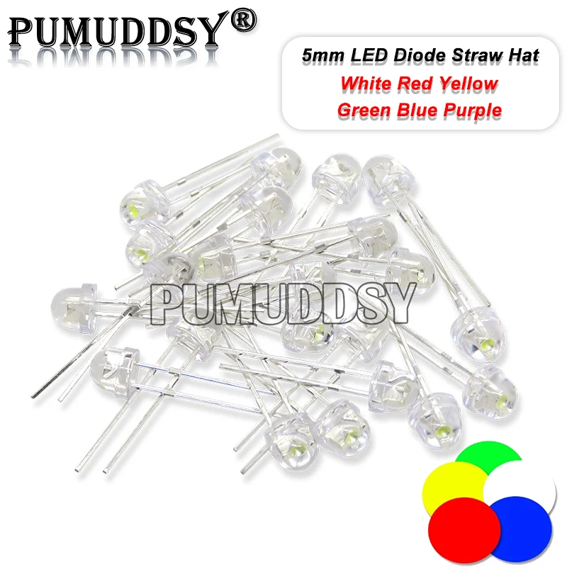 5MM LED Diode Straw Hat White Red Green Blue Yellow Purple Light Transparent Light Emitting Diode New 100PCS/LOT IGMOPNRQ