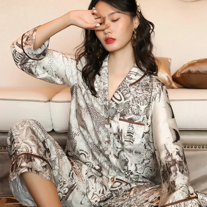 Floral Printed Satin Pajamas Set Women Loungewear 2Pcs Long-Sleeve Elastic Waist Temperament Loose Luxury Nightwear Sleepwear