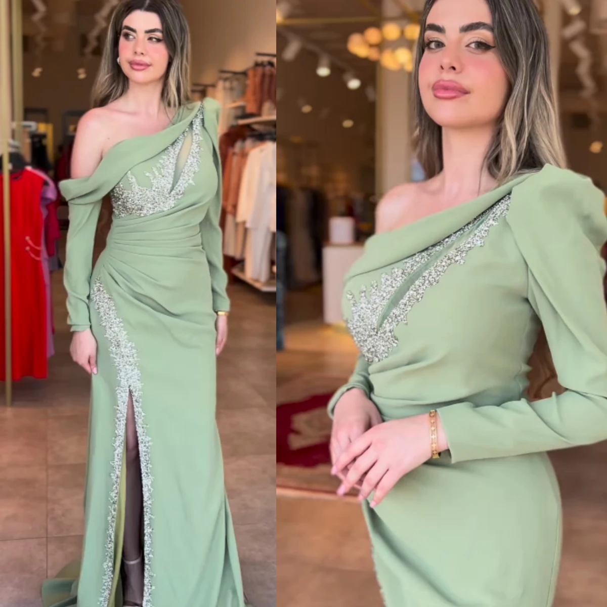 

One Shoulder Elegant Mermaid Prom Dresses Long Sleeves Evening Dress Women's Formal Request Party Wedding 2023 Saudi Arabia