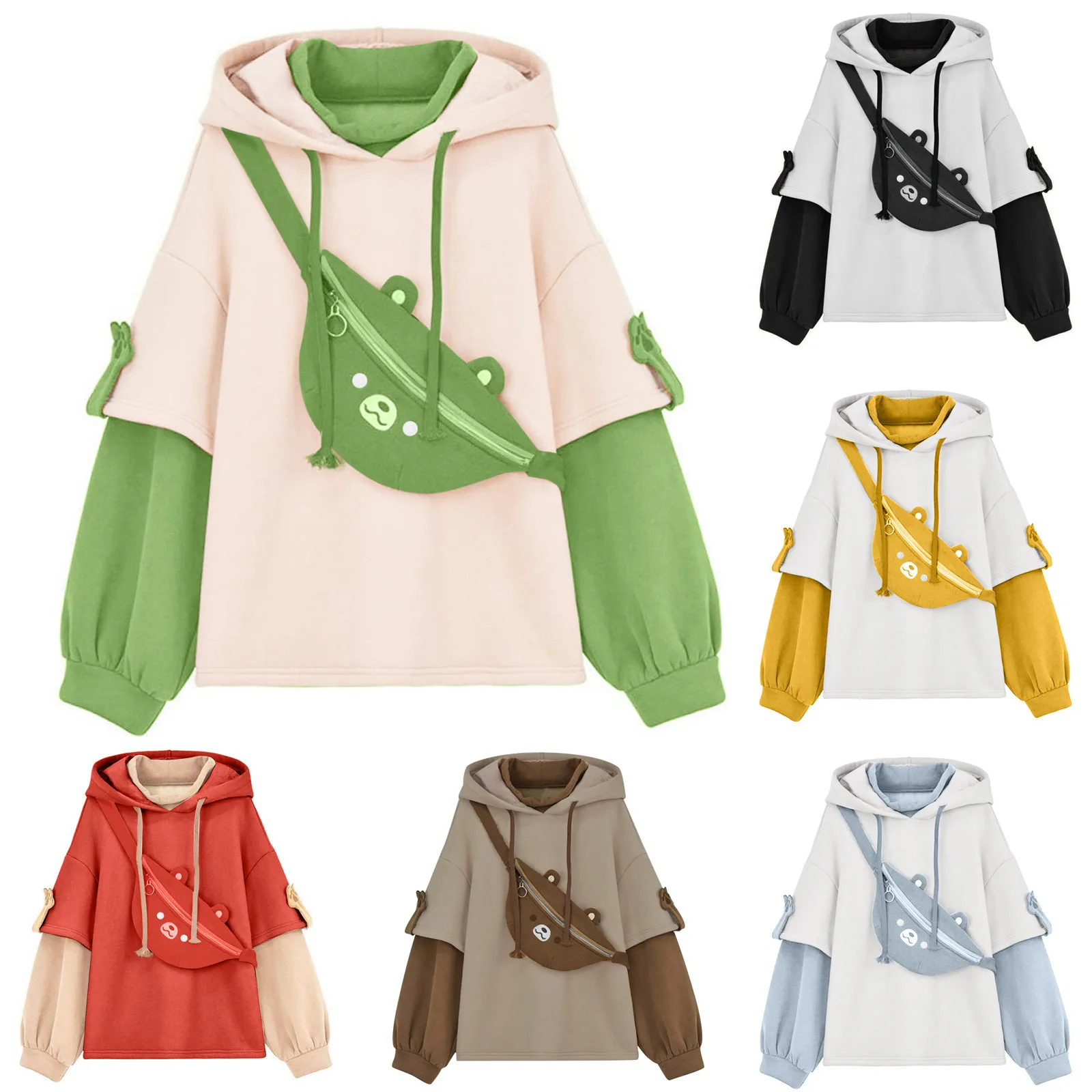 

Kawaii Oversize Hoodie With Cute Bear Bag Womens Autumn 6 Colors Patchwork Sweatshirts Pullover Aesthetic Bear Long Sleeve Coat