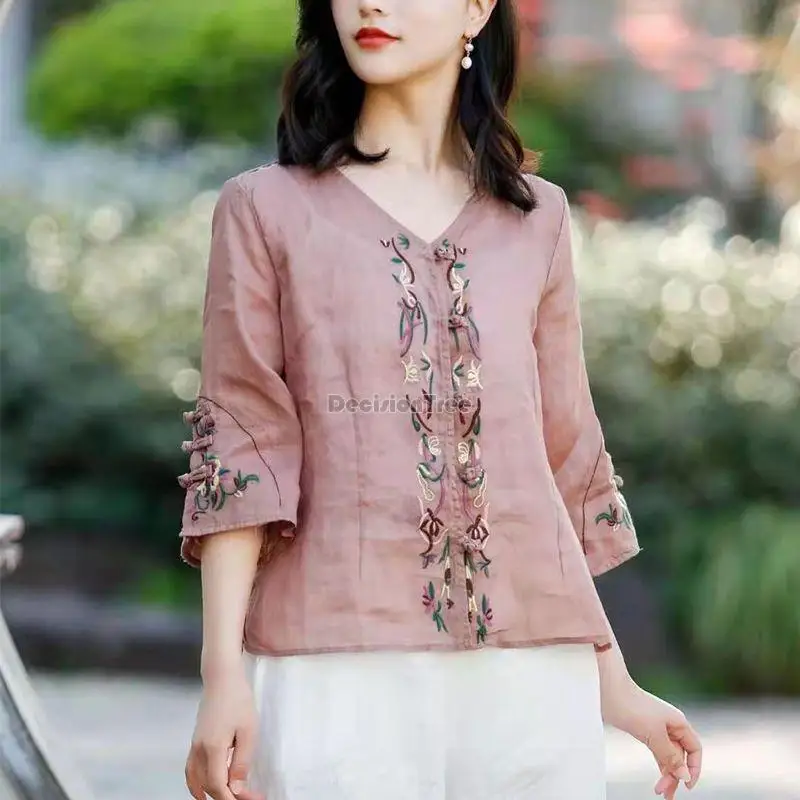 

2023 chinese ramie blouse for women retro chinese button embroidery loose casual half sleeve v-neck retro short blouse top g443