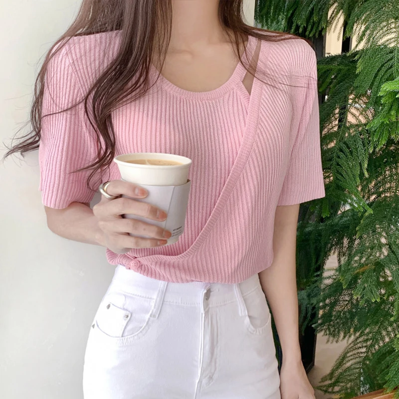 

Women Pink French Knitting Sweater Round Neck Irregular Patchwork Short Sleeve Casual Korean Fashion Baggy Ladies Tops Summer