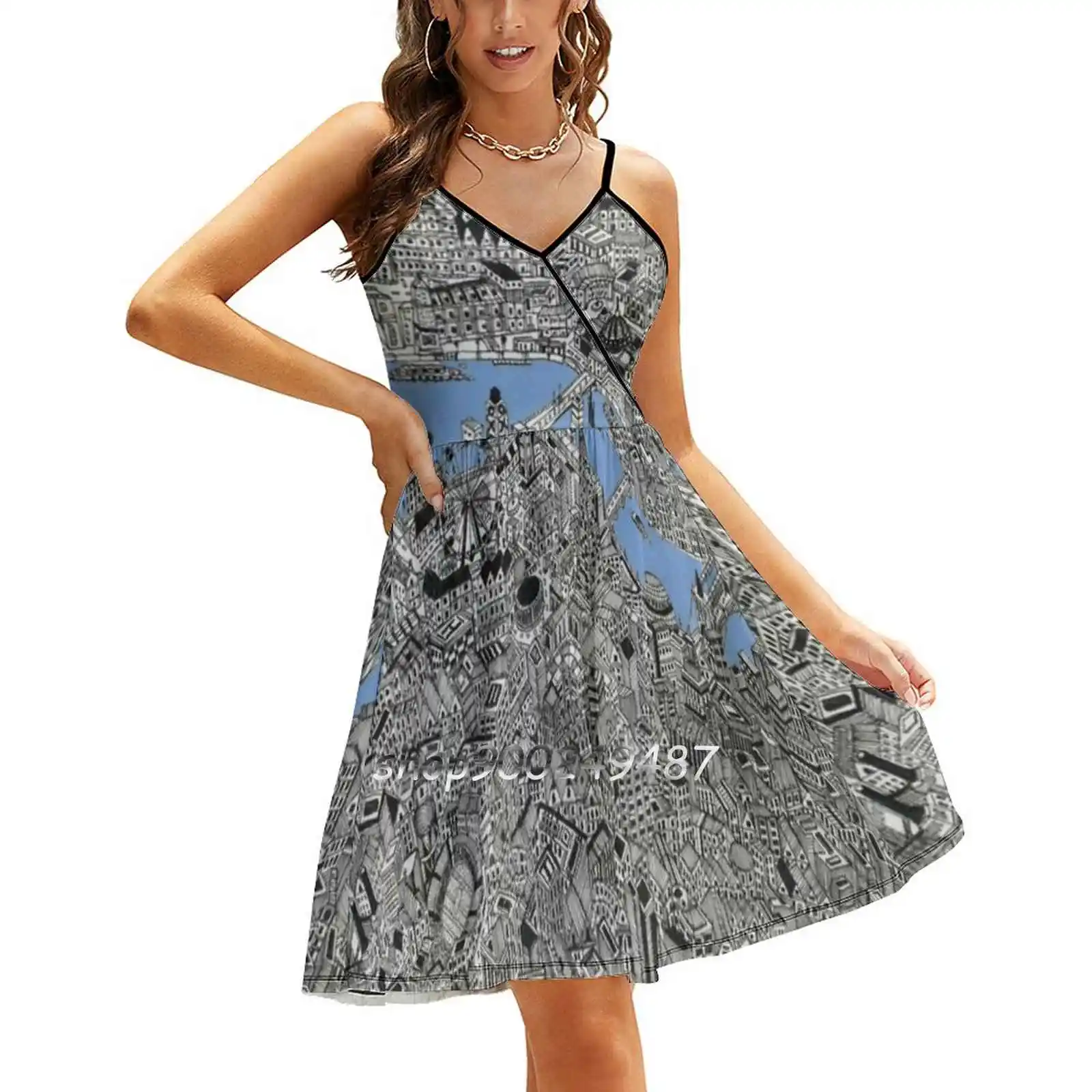 London Map Print Drawing Sweet Summer Casual Sling Dresses Korean Women Sexy Sundress Thames City Capital Sketch