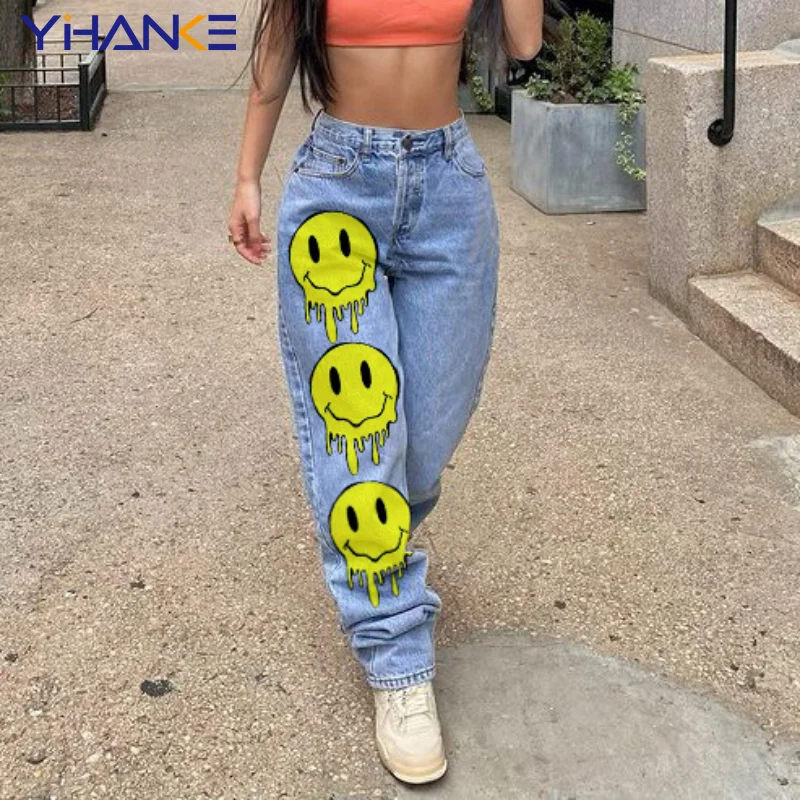 

Retro Ladies Smiley Face Printed Jeans Hip Hop Personality Fashion High Waisted Jeans Loose Casual Jeans Y2k Pants High Street