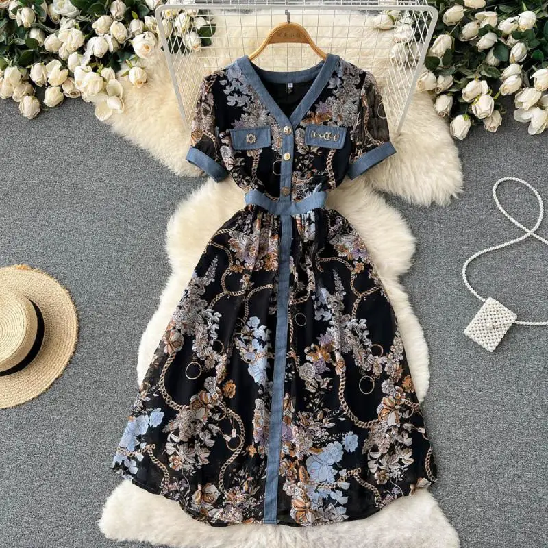 

WEIHAOBANG 2022 Summer Women's New Print Stitching V-neck Short Sleeve High Waist Slim Dress Casual Medium Long A-line Skirt