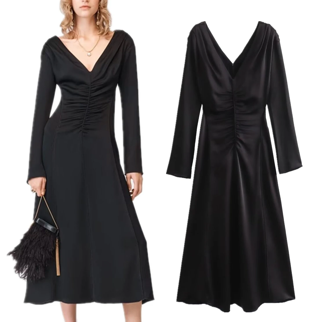 

Elmsk Fashionable Satin Black Dress French Vintage Elegant V-neck Pleated Casual Party Dress Women