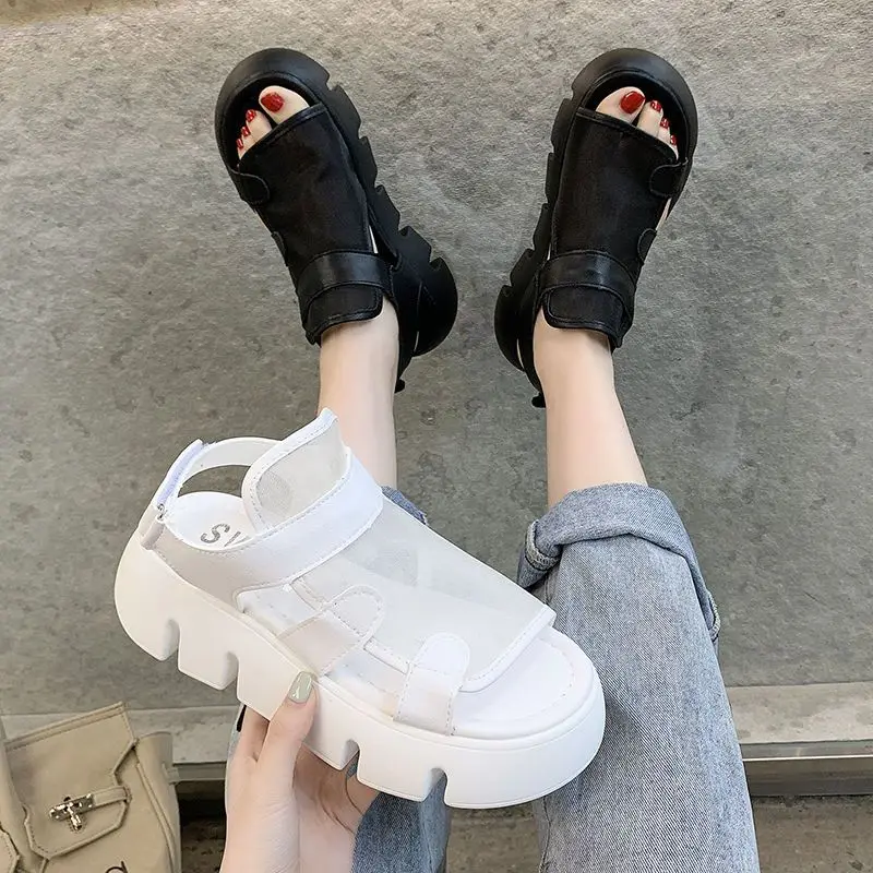 Summer New Fashion Matsuke Sandals Women's Thick Sole Hollow Breathable Mesh Roman Sandals Flat Bottom