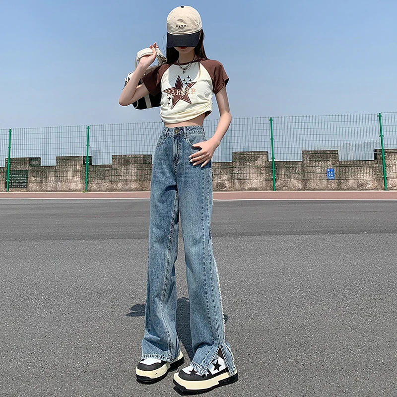 High waisted slit jeans for women's 2023 new long pants dark blue autumn and winter high street wide legs loose and slim micro f
