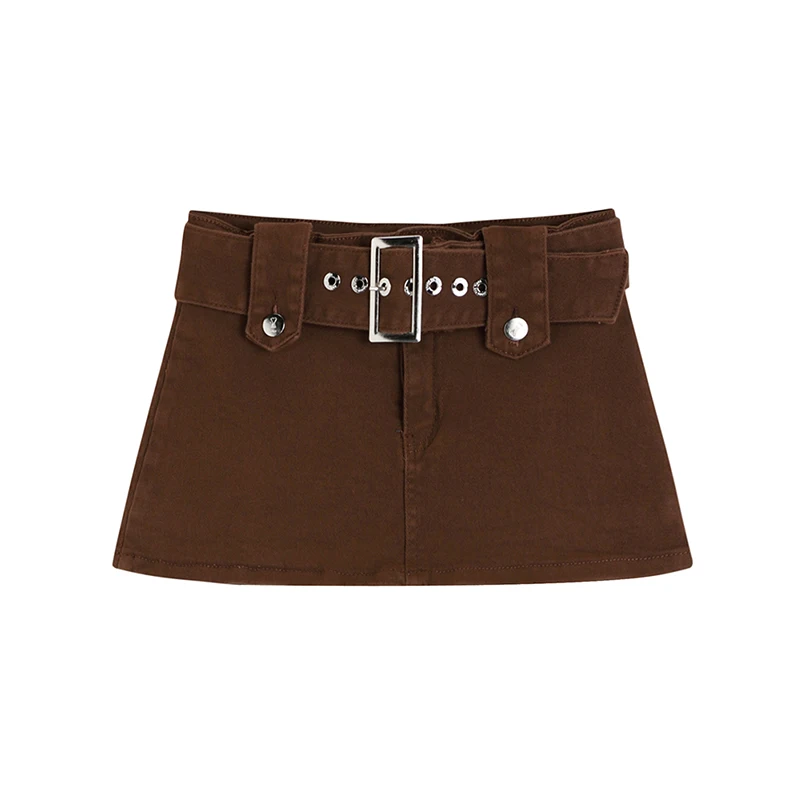 

Women's 2022 Summer New Low Waist A-Line Denim Mini Skirt Brown with Sashes