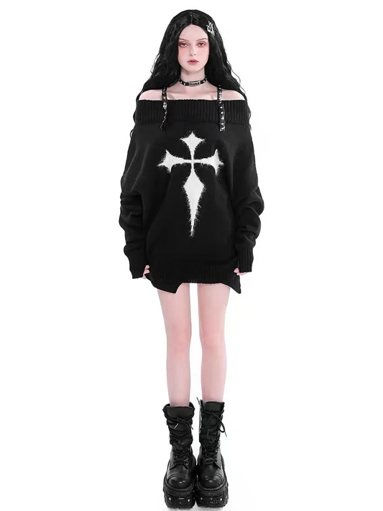 

QWEEK Gothic Harajuku Punk Sweater Women Pullovers Y2k Goth Dark Grunge Off Shoulder Knitted Tops 2022 Autumn Long Sleeve