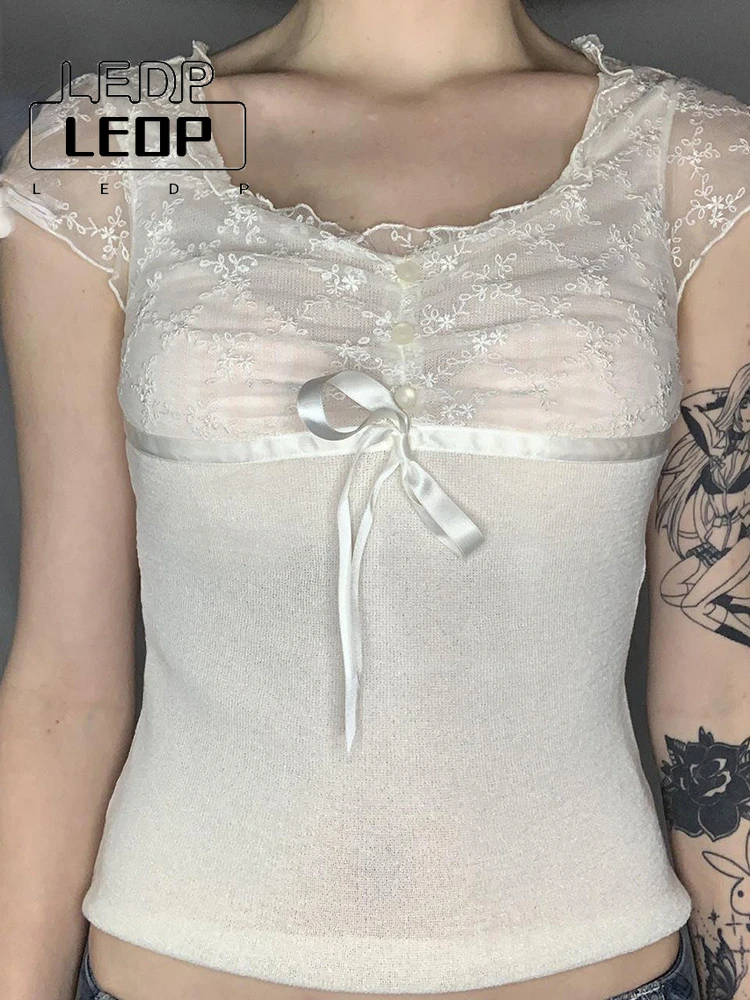 

LEDP Women's Aesthetic Retro Sexy Kawaii Clothing Square Neck Short Sleeve Summer Top Lace Patchwork Cute Fairycore T Shirt
