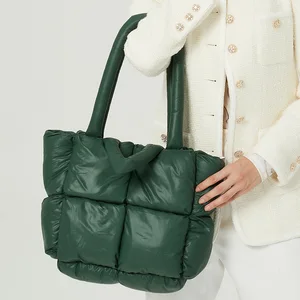 Down Cotton Solid Soft Checker Filled Shoulder Bag Large Tote Padded Handbags Nylon Crossbody Bag Winter Purse Shoulder Bags