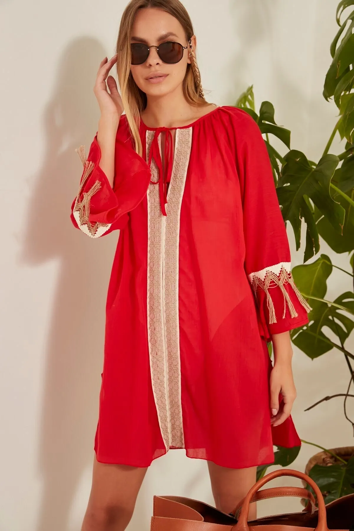 

Women's Pareo Red Beach Dress Swimwear Cover Up Dress Sexy Tunic Suit Beachwear Female Beach Bikini Cover Loose Mini Dress