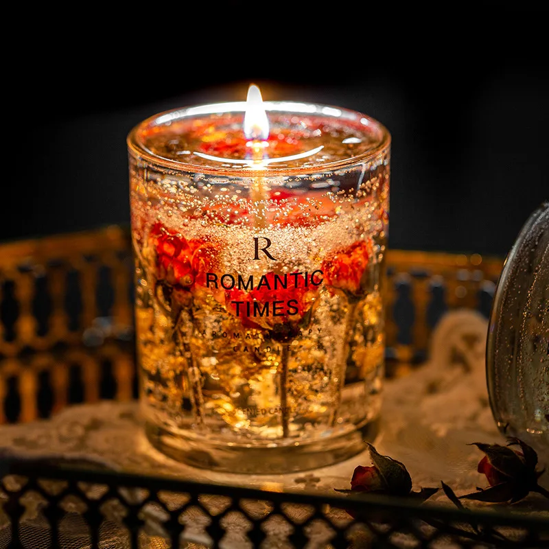 

Handmade Dried Flower Jelly Wax Candle Plant Essential Oil Smokeless Scented Aromatic Candles Glass Cup Ornament Home Decoration